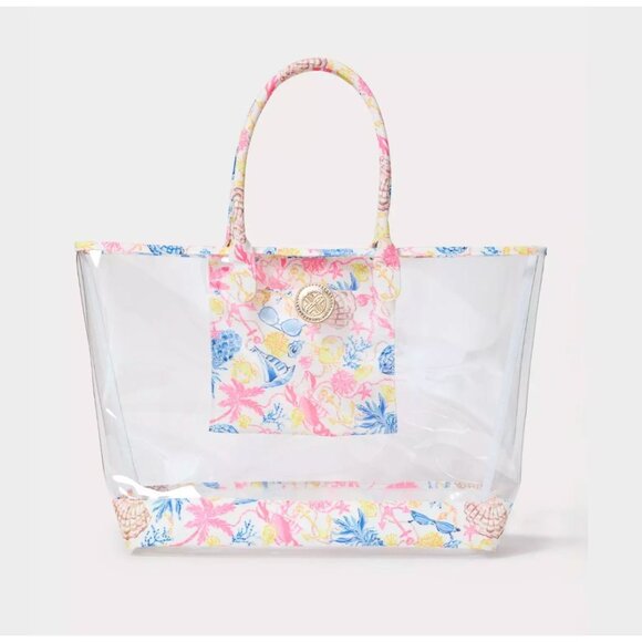 Lilly Pulitzer Clear Plastic Beach Tote & Beach Chair Towel Cover In Barefoot Be - Picture 1 of 9